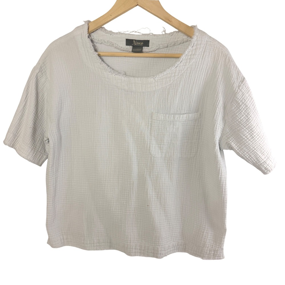 Natural Reflections Womens M White Cotton Gauze Top Raw Edge Boho Pocket